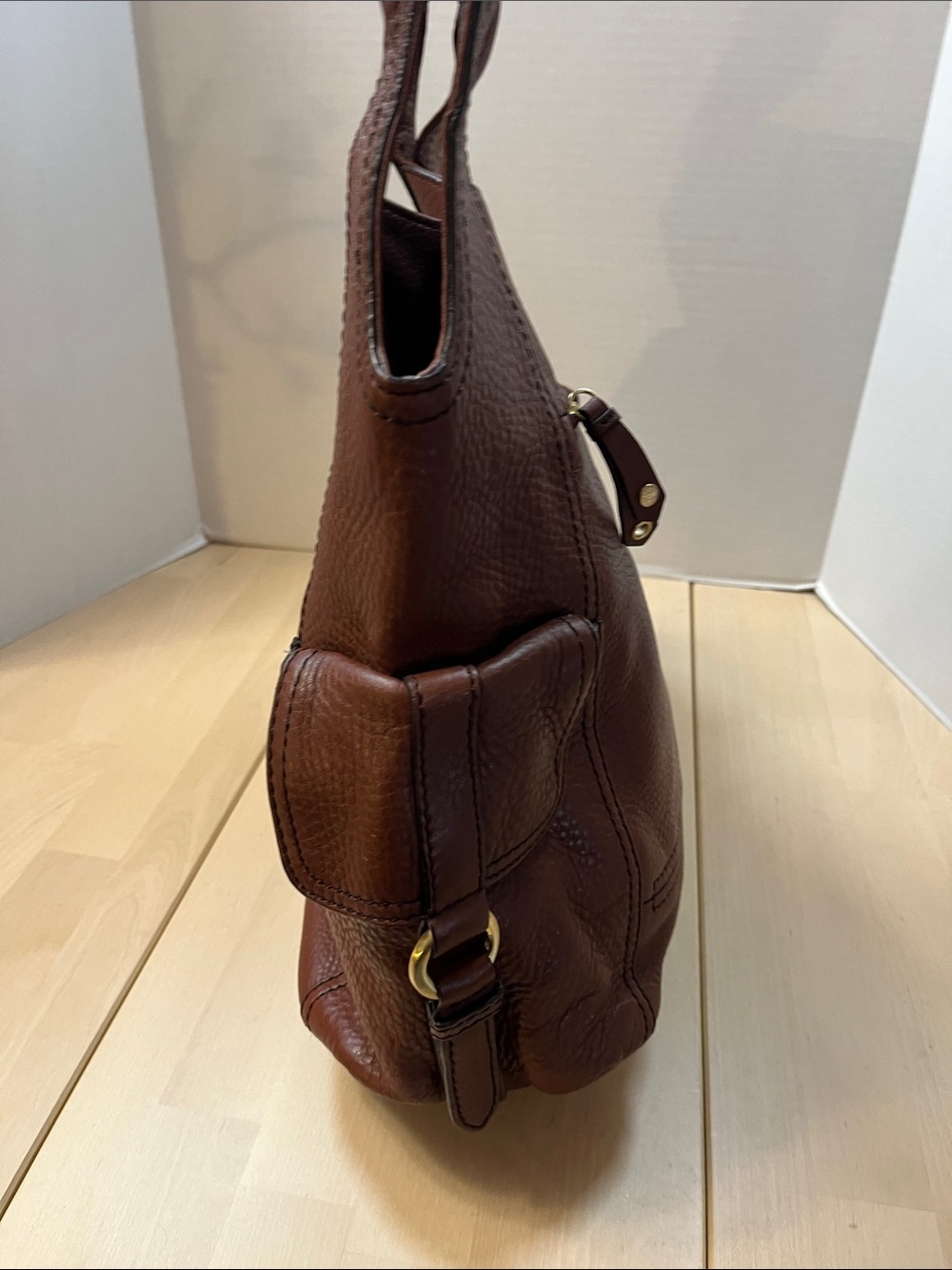 Cole Haan Tobacco Brown Pebbled Leather Shoulder Bag Purse Tote Gold Tone Trim - Picture 6 of 16